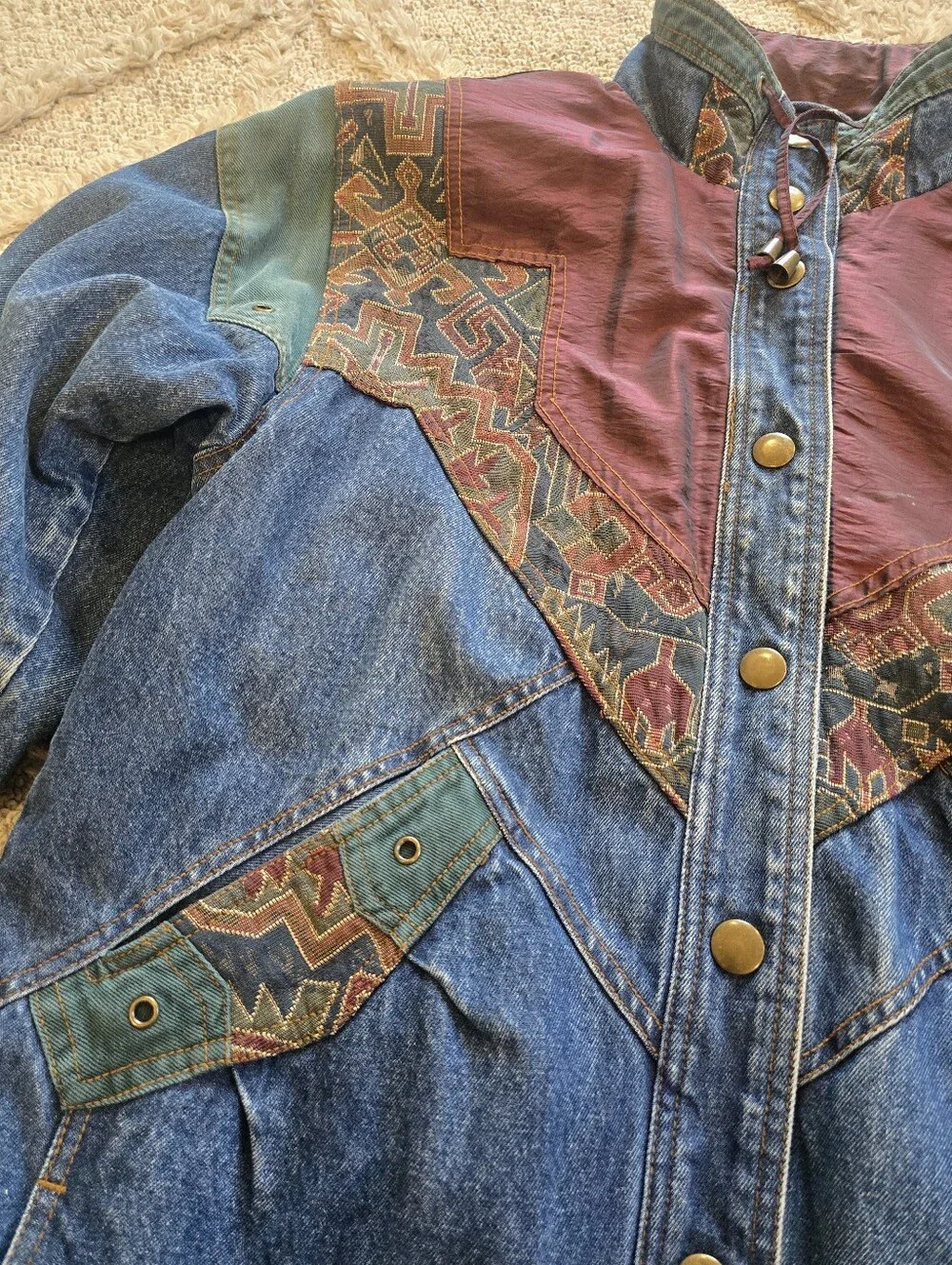Vintage Two Twenty Western Denim Jacket Women’s Medium Aztec Pattern Jean Coat